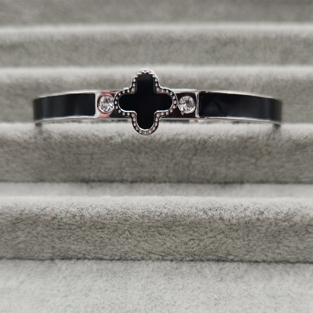 Elegant Stainless Steel Clover Bangle, Black Enamel, Zircon Accents